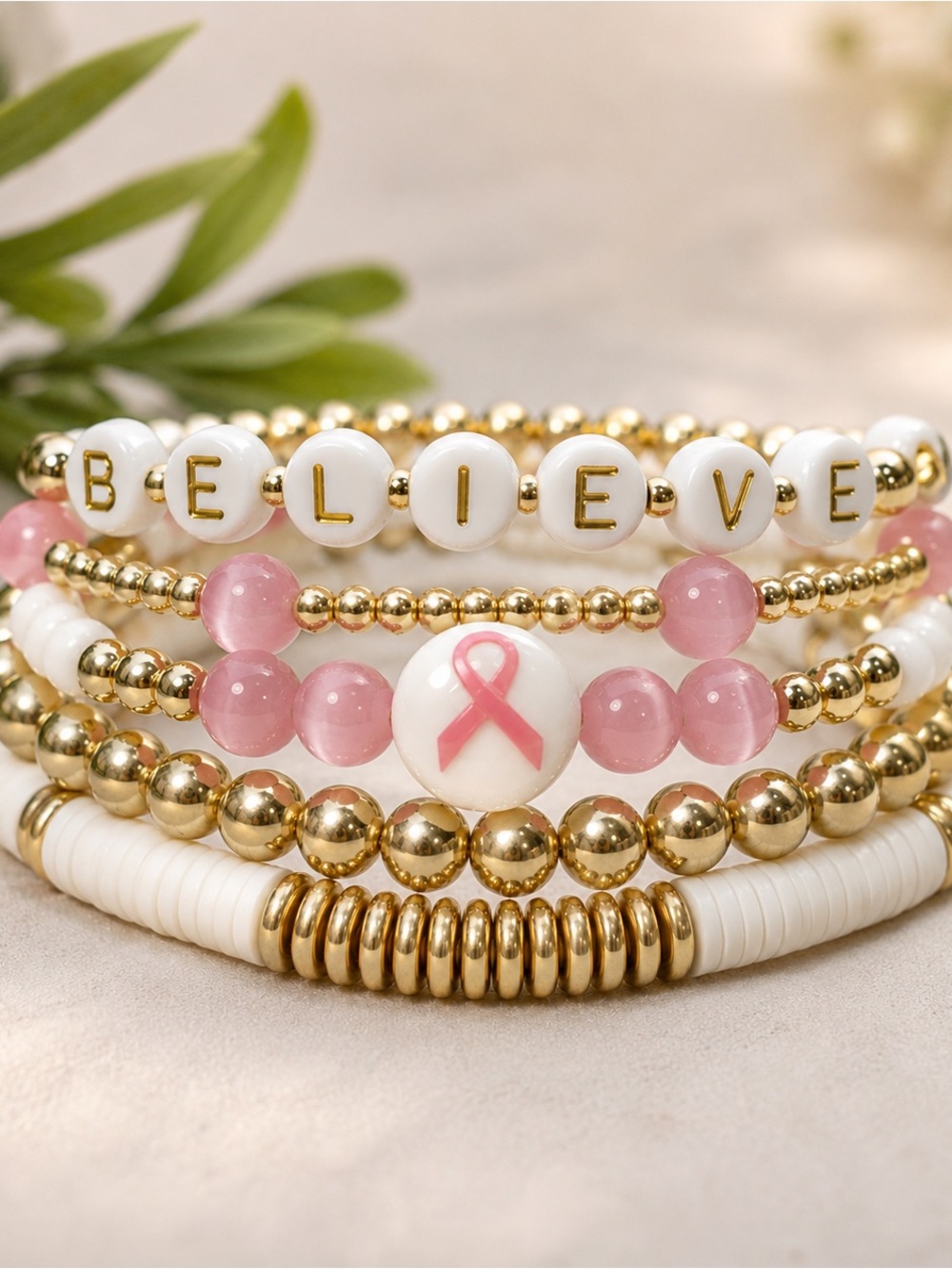 14K Gold Plated Custom Breast Cancer Awareness Bracelet Stack - Set of 5